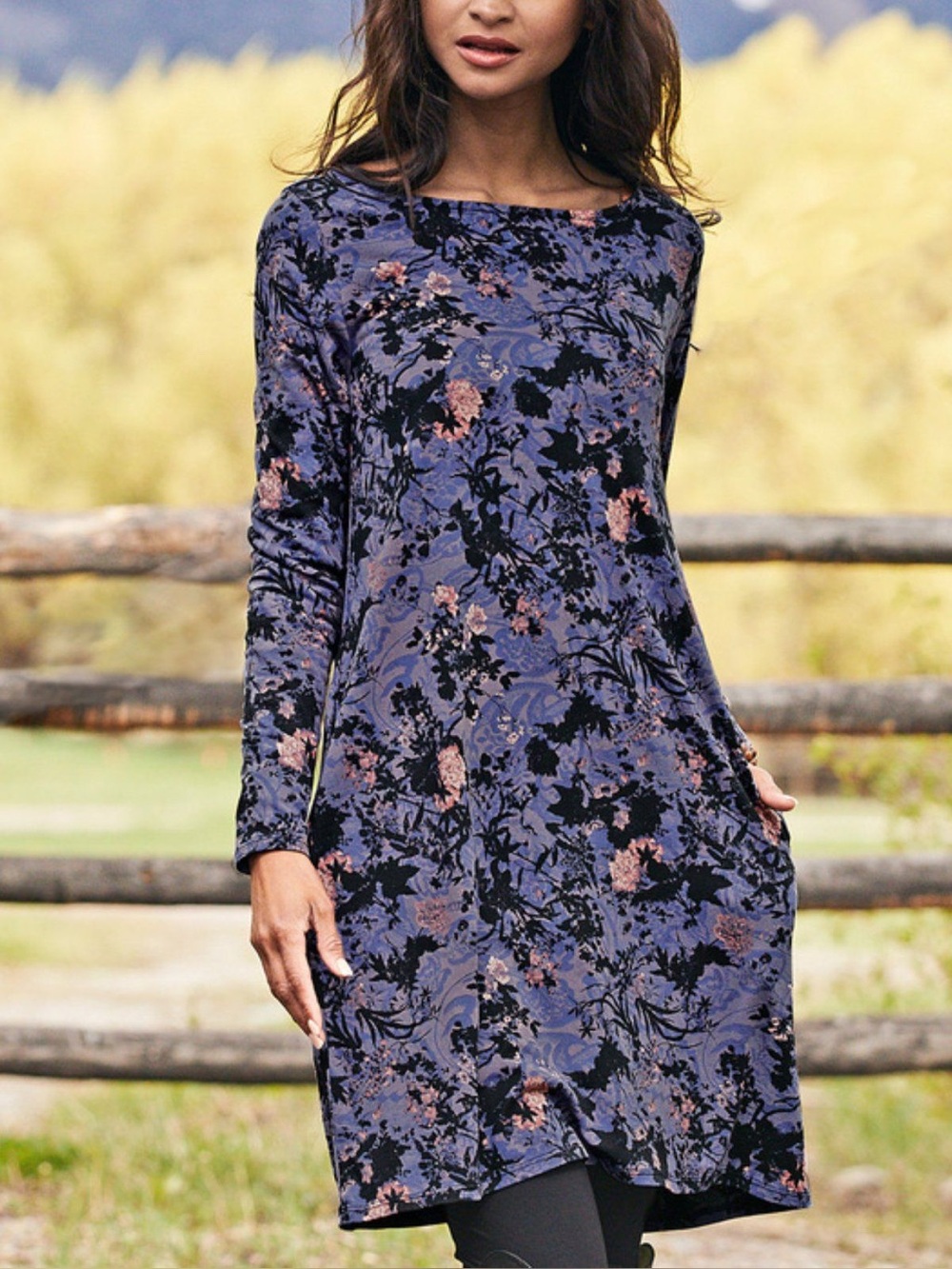 Peruvian Connection Shadow Blossom Pima Cotton Modal Floral Long Sleeve Dress